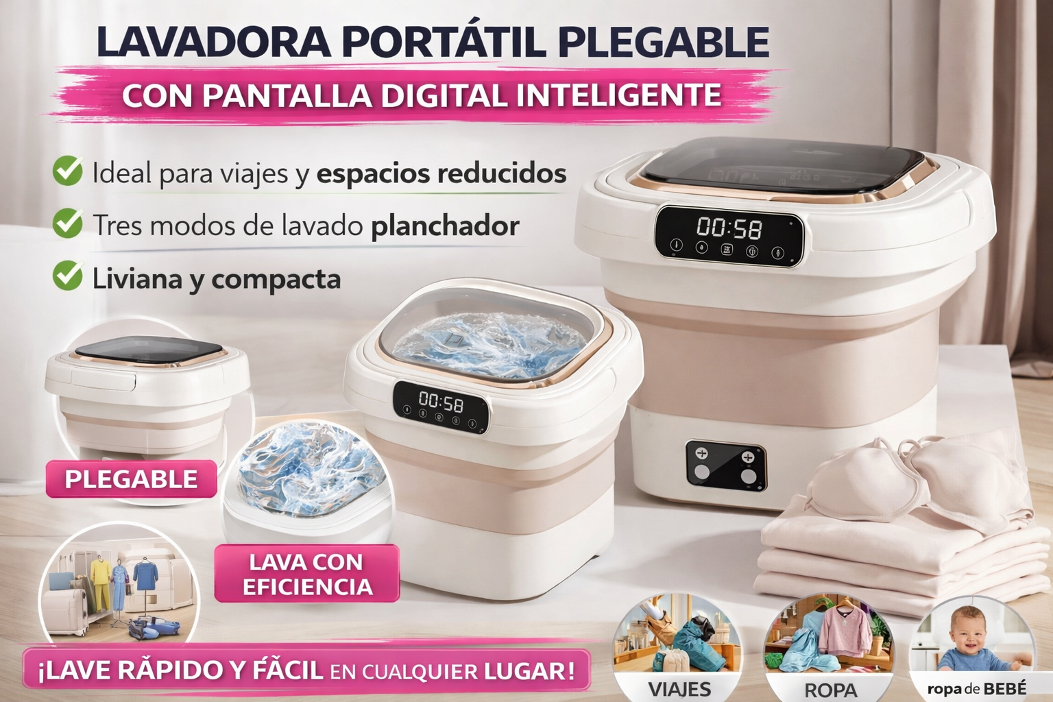 Lavadora Portátil Plegable con Pantalla Digital Inteligente