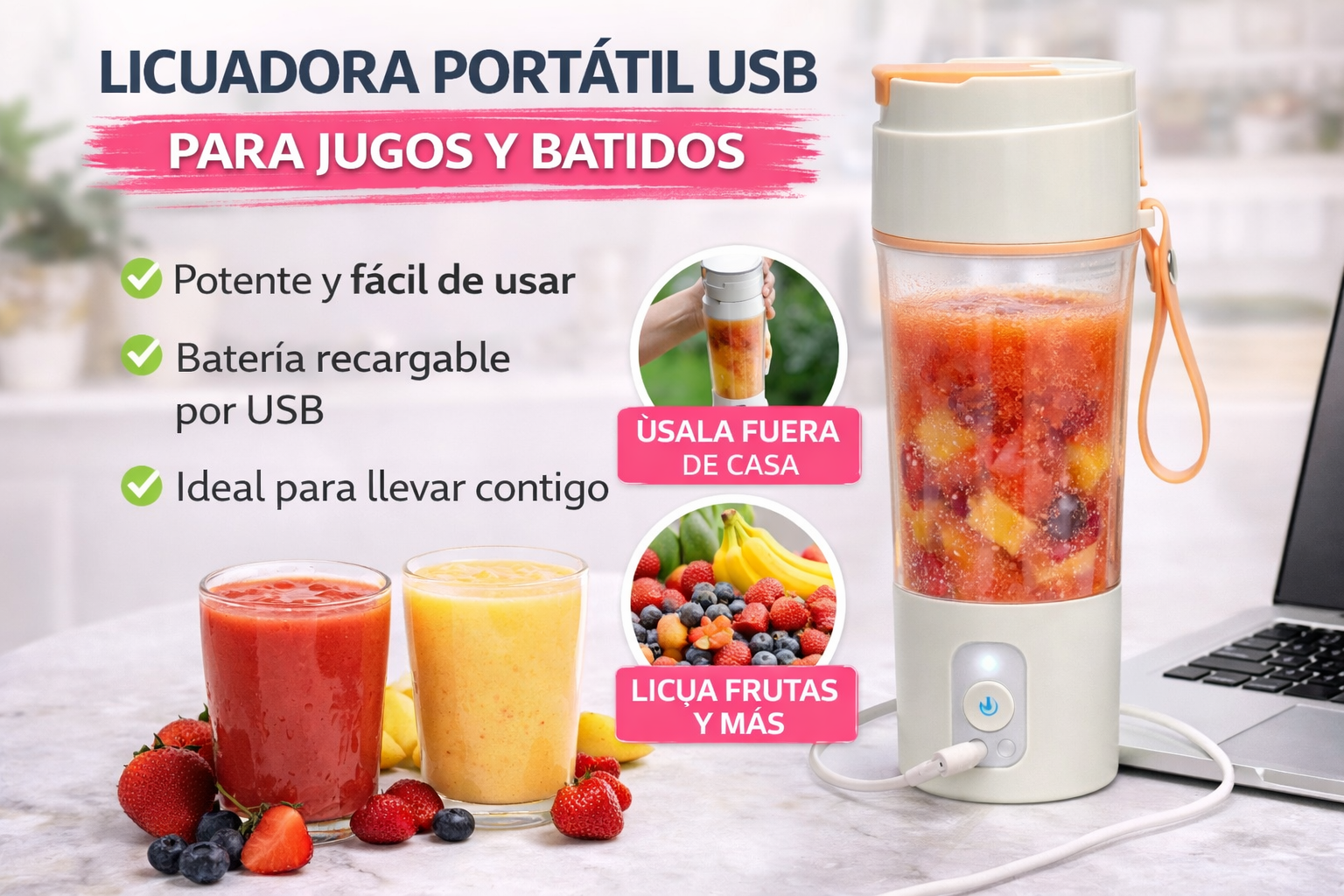 Licuadora Portátil Eléctrica USB para Jugos y Batidos