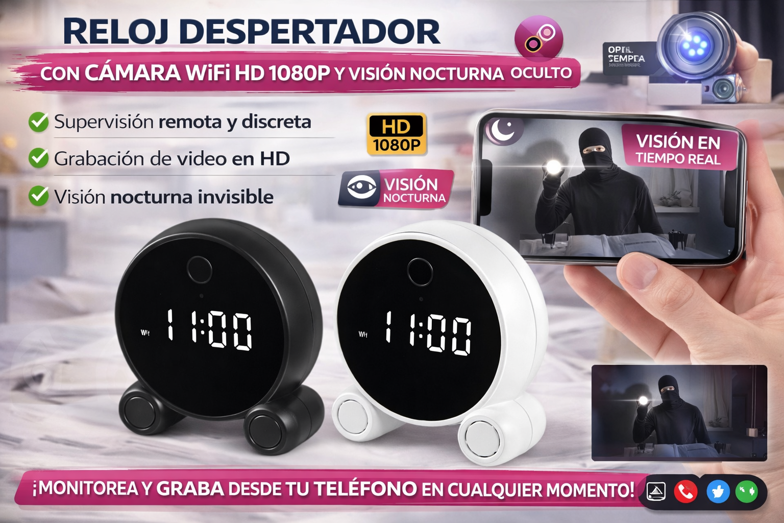 Reloj Despertador con Cámara WiFi HD 1080P y Visión Nocturna